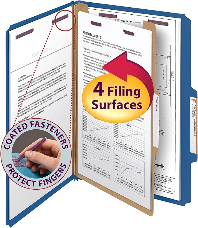 Smead Pressboard Classification File Folder with SafeSHIELD Fasteners, 1 Divider, 2" Expansion, Legal Size, Dark Blue, 10 per Box (18732)