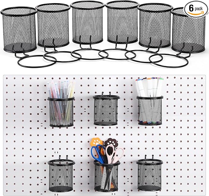 Spakon 6 Sets Pegboard Cups with Ring Hook Pegboard Bin Holder Pegboard Organizer Multipurpose Pen Cup Metal Pencil Holder Peg Board for Desk Office Garage (Black,2.95x2.95x3.74'',Straight)