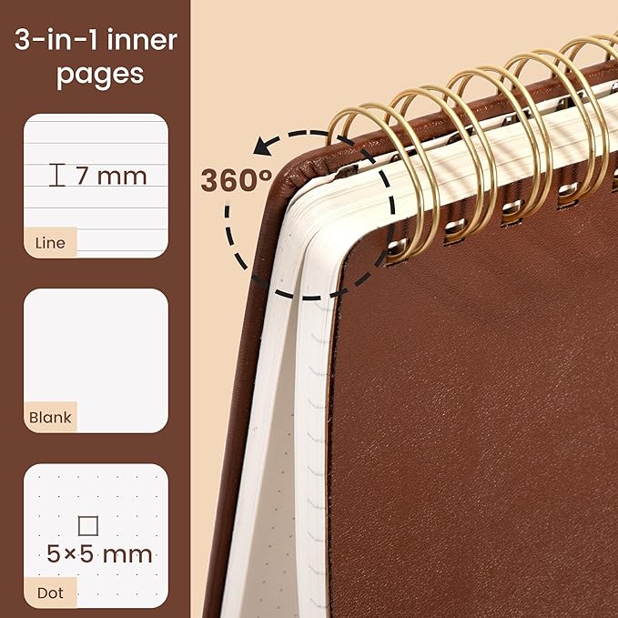Yoment Top Spiral Notebook Leather Steno Pads 240 Pages Spiral Notepad for Work 5x7 Top Bound Steno Notebook, 100 GSM Thick Paper, Left Handed Notebooks for Office College School, Brown