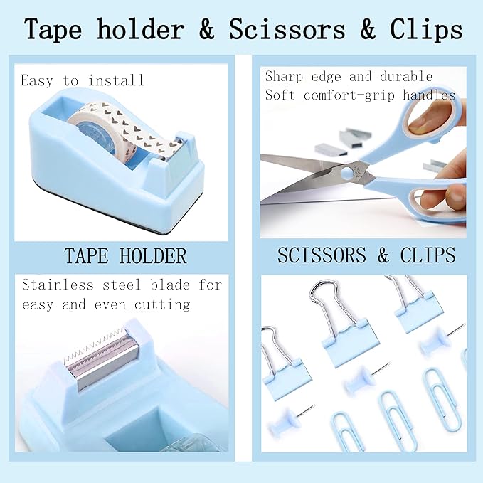 Blue Desk Accessories, Blue Office Supplies 360°Pen Holder Desk Organizers and Accessories with Tape Dispenser, Stapler, Staple Remover, 1000 Staples, Tape, Clips Set, Ruler, Scissor, Pen