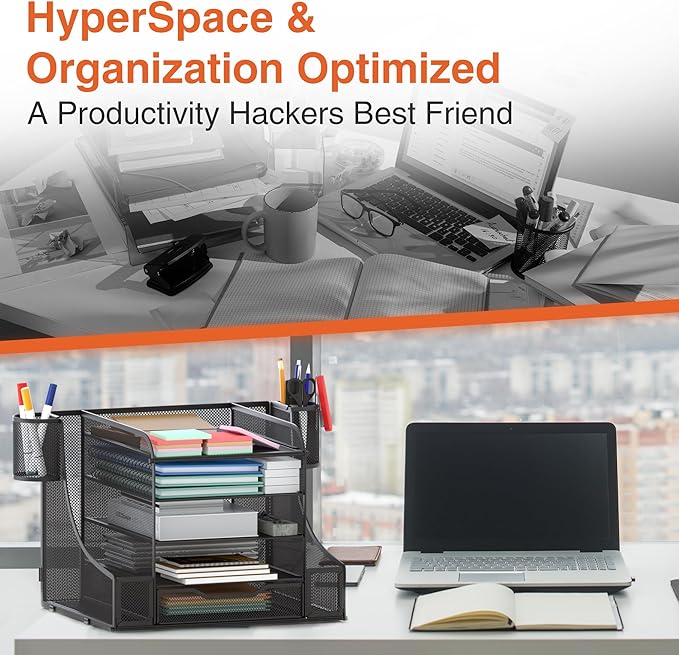 EVOOMI 5 Tier Mesh Desk Organizer PLUS - The Upgraded Time, Space & Sanity Saving Desktop Organizer System for Productivity Success - Ideal Pencil File Paperclip Post It Holder Mail Folder Organizer