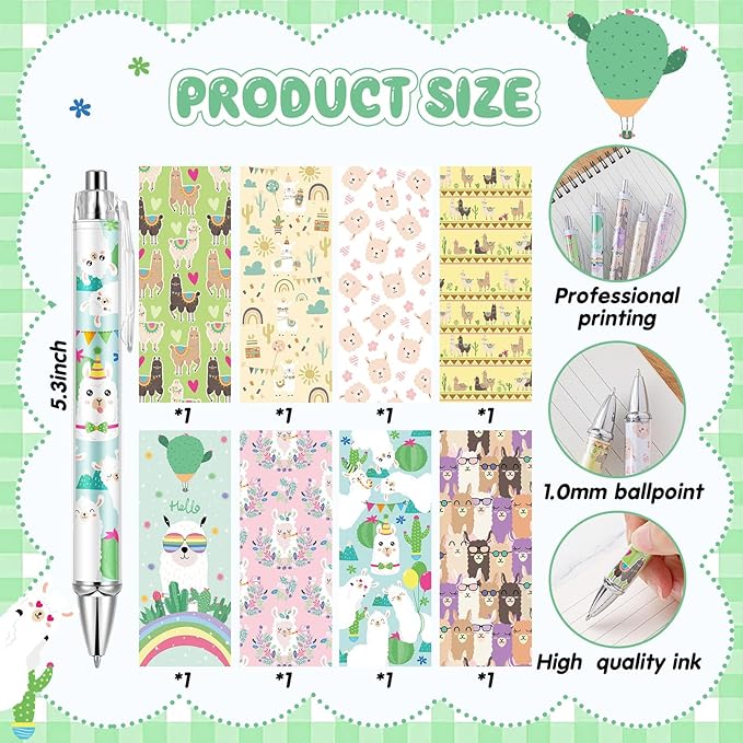 Ireer 8 Pcs Ballpoint Pens for Women 1.00 mm Cute Black Ink Fancy Pens Fine Point Smooth Writing for Journaling Aesthetic Office Supplies(Llama)