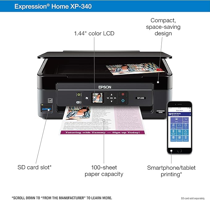 Epson Expression Home XP-340 Wireless Color Photo Printer with Scanner and Copier, Amazon Dash Replenishment Ready