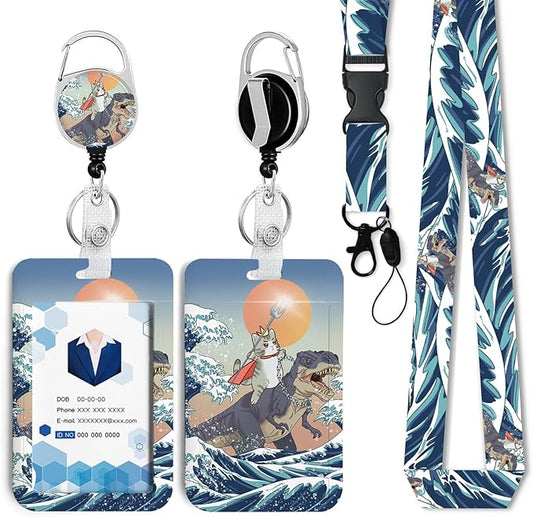 Funny Surfing Cat Badge Holder with Retractable Reel and Breakaway Lanyard，Badge Clips Retractable Heavy Duty Badge Reel，ID Holder with Breakaway Lanyard for School Nurse Office Teen