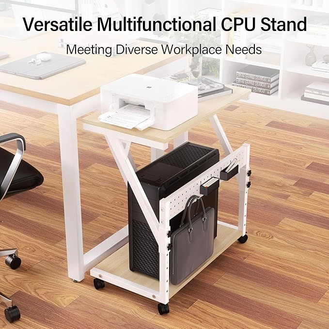 Computer Tower Cart - Height Adjustable PC Stand, 2-Tier ATX-Case CPU Holder Home Office Gaming Desk Accessories with Rolling Lockable Wheels, Laptop Table Standing Computer Desk, Natural White