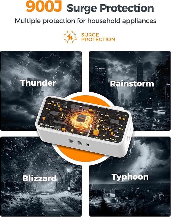 TESSAN White Extension Cord, Surge Protector Small Power Strip with 3 USB Ports (1 USB C), 900J Protection, 5 FT Flat Plug Power Strip, Mini Charging Station Suitable for Home Office Dorm