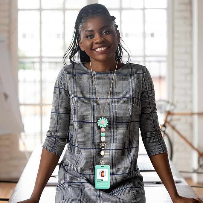Colorful ID Badge Holder with Silicone Beads Lanyard Set,Cute Teacher Breakaway Lanyard for Keys & Keychain with Cute Retractable Badge Reel Holder,Gift for Women,Nurse, Teacher. (Daisy 1)