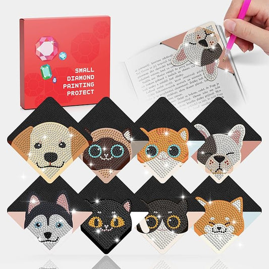 Diamond Art Bookmark Shape Rhinestone Bookmark Crystal DIY Diamond Drawing Bookmark Diamond Art by Number Embroidery Painting Bookmark for Arts Crafts Gift (Cats&Dogs 8)