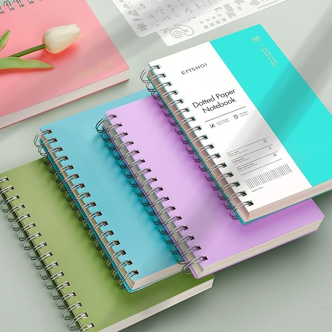 EMSHOI A5 Spiral Notebook Bullet Dotted Journal, Small 5.7" X 8.22", 300 Pages/150 Sheets, 100gsm Dot Grid Paper, Waterproof Hardcover, for Office School Women Men Work Writing Notes-Purple