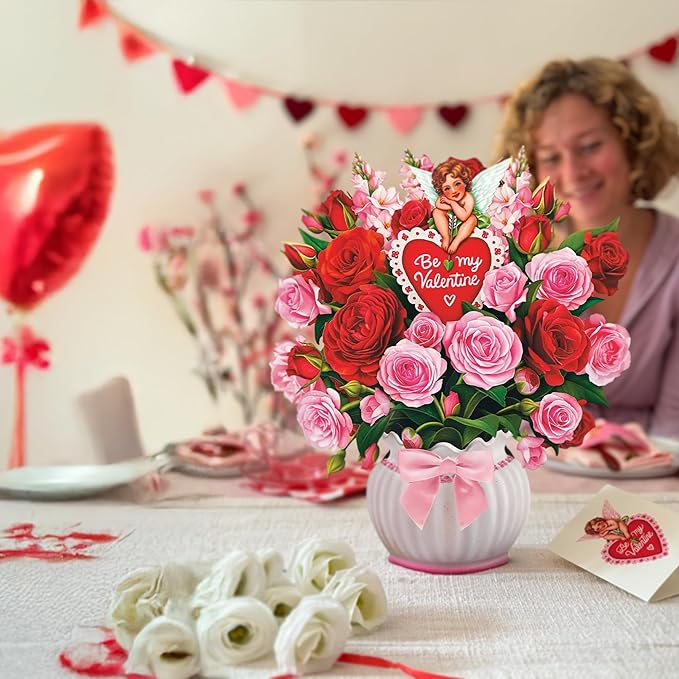 Freshcut Paper Pop Up Cards, Cupid's Valentine, 12 Inch Life Sized Forever Flower Bouquet 3D Popup Greeting Cards, Valentine's Day, Anniversary Card, Note Card & Envelope
