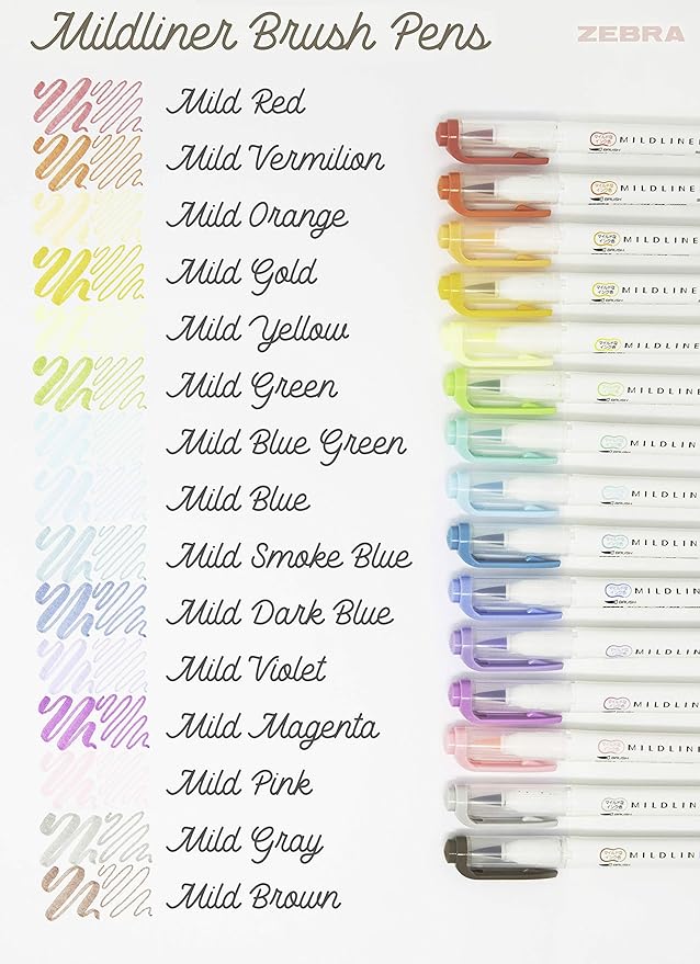 Zebra Pen Mildliner Brush Marker, Double Ended Brush and Fine Tip Pen, Assorted Soft Colors, 15 Count (Pack of 1)
