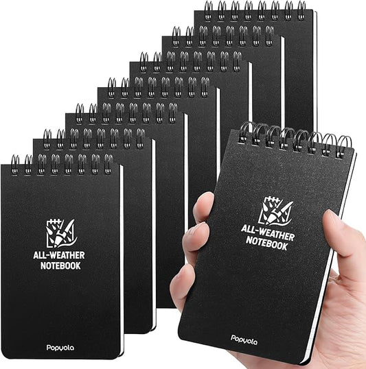 POPYOLA 8 Pack Waterproof Pocket Notebook, 3x5 Pocket Notepad, All Weather Mini Spiral Notepad, Write in the Rain Police Notepad with 100 Squared Pages for Outdoor Home Office School, Black