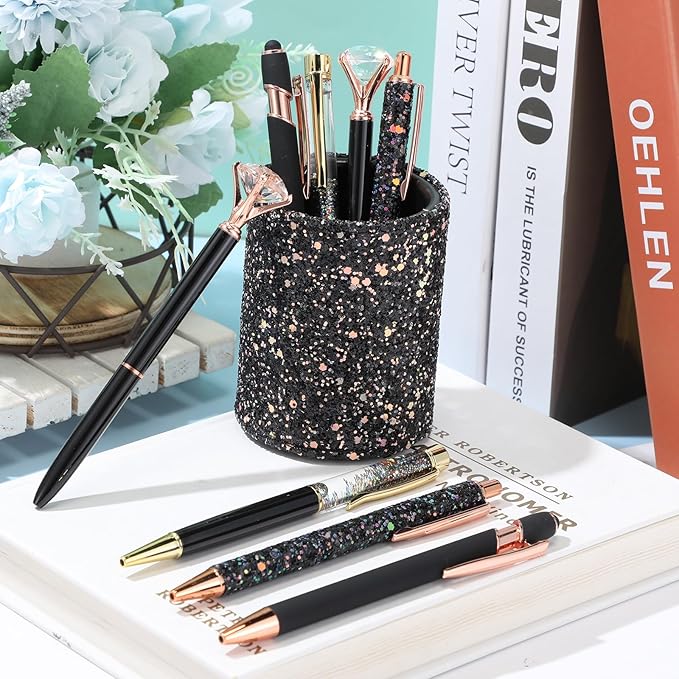Sabary 8 Pcs Ballpoint Pens with Pen Holder for Desk Metal Crystal Diamond Pen Glitter Pencil Holder Fancy Pens Black Ink Bling Desk Organizer for Women Girls Office School Wedding Gifts (Black)
