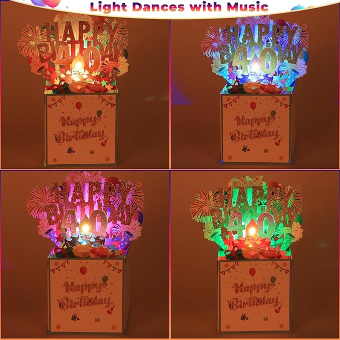 Tnvee 40TH Birthday Cards with Lights & Music & Candle, 3D Large Pop Up Happy Birthday Cards for Women Man Greeting Cards Decorations for 40 Years Old Mom Dad Wife Husband Friend