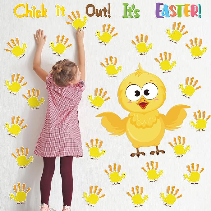 B1ykin 77Pcs Easter Chicks Handprint Bulletin Board Decoration Set, Chick It Out It’s Easter Cutout Chalkboard Wall Decor, Party Border Trim Supply for Elementary Kindergarten Preschool Classroom Home
