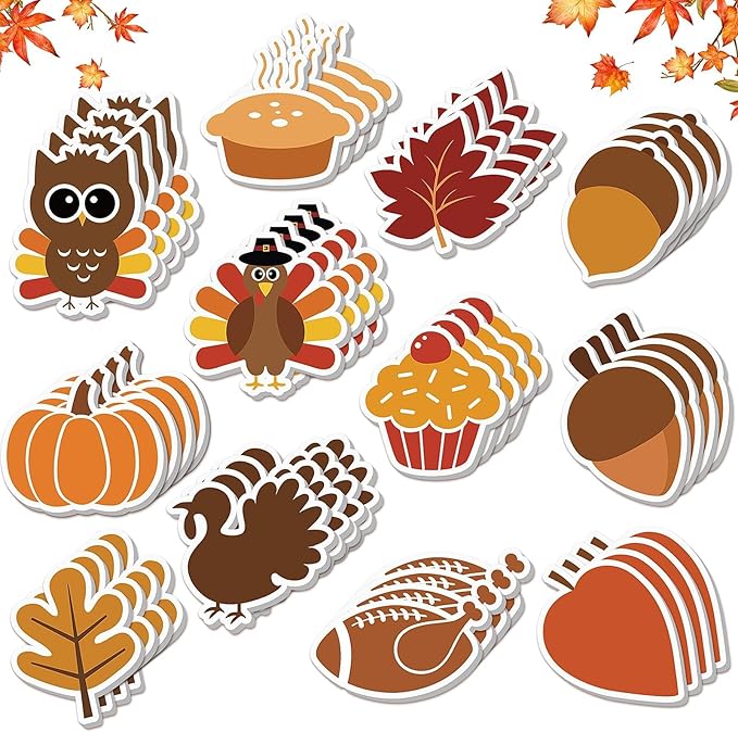 48 Pcs Fall Thanksgiving Day Sticky Notes Cute Thanksgiving Pumpkin Nut Leaf Turkey Cake Self Sticky Memo Pads for Thanksgiving Office School Classroom Student Kids Autumn Party Present