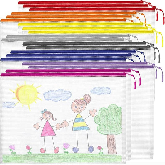 20PCS Mesh Zipper Pouch Bags, A4 13x9 Inches Waterproof Mesh Bags with Zipper, Plastic Zipper Pouch for Organizing, Mesh Bag for Travel Storage School Supplies, 8 Colors Assortment