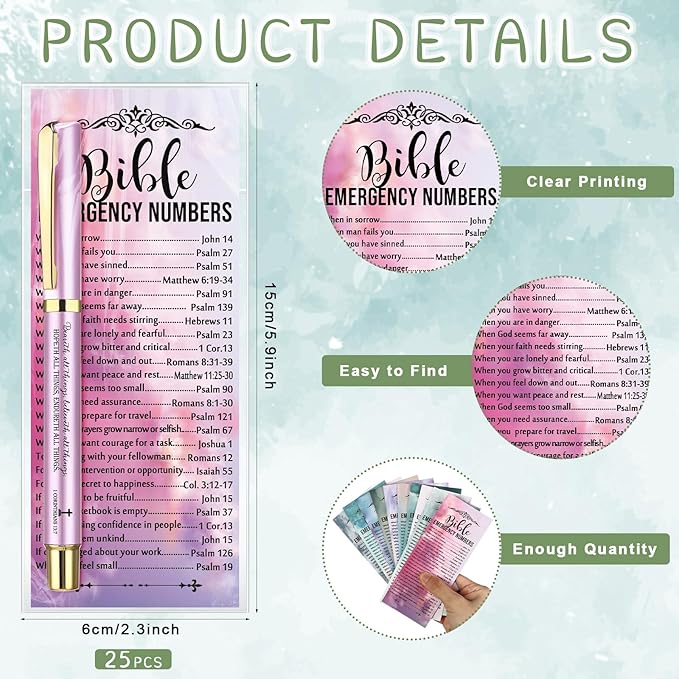 25 Sets Christian Church Gifts,Bible Emergency Numbers Bookmarks and Bible Verse Neutral Gel Pens Bulk Religious Pens Bookmarks for Church Gifts Student Pastor Sunday School Favors