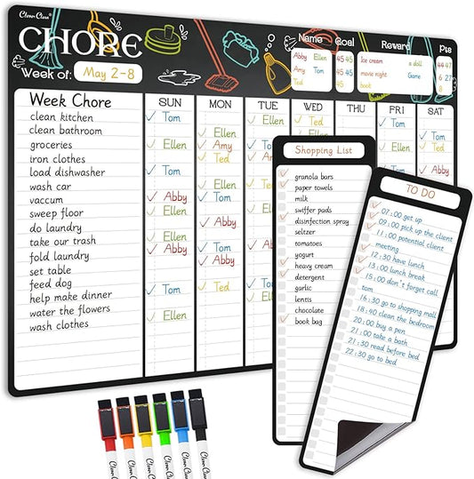 Magnetic Dry Erase Chore Chart - 17"x12" Dry Erase Chore Board for Kids, Teens, Adults - 4"x12" List Board 2 Pcs - 6 Extra Fine Point Markers Included - Shipped Flat