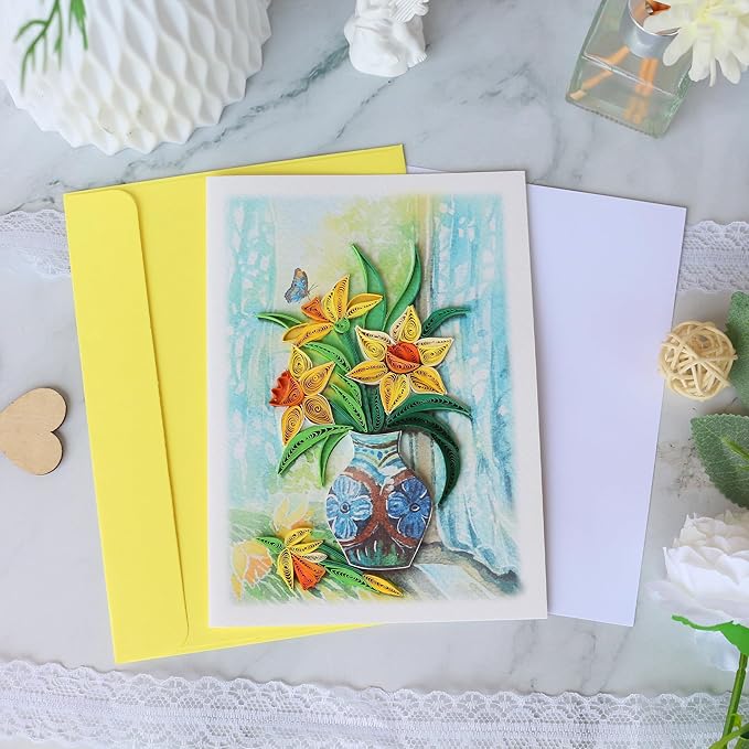 KingKraft Daffodils Flower Quilling Card, Handcrafted Greeting Card for All Occasions, Birthday Card for Mom, Thinking of You, Get Well, Anniversary, Valentines Day, Mothers Day Card, Blank Inside