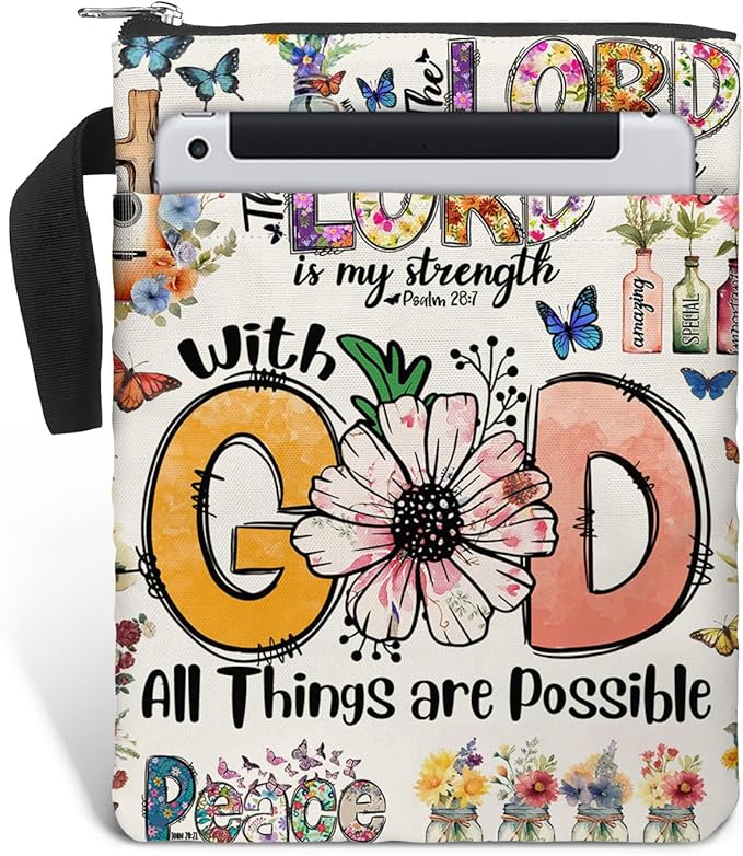 84hoods Book Cover Bag with Zipper and Front Pocket. Bible Book Sleeve. Christian Faith God Religious Gift. Washable Fabric 11 X 8.5 Inch. All Things are Possible