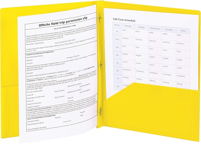 Smead Poly Two-Pocket Folder, Three-Hole Punch Prong Fasteners, Letter Size, Yellow, 3 per Pack (87733)