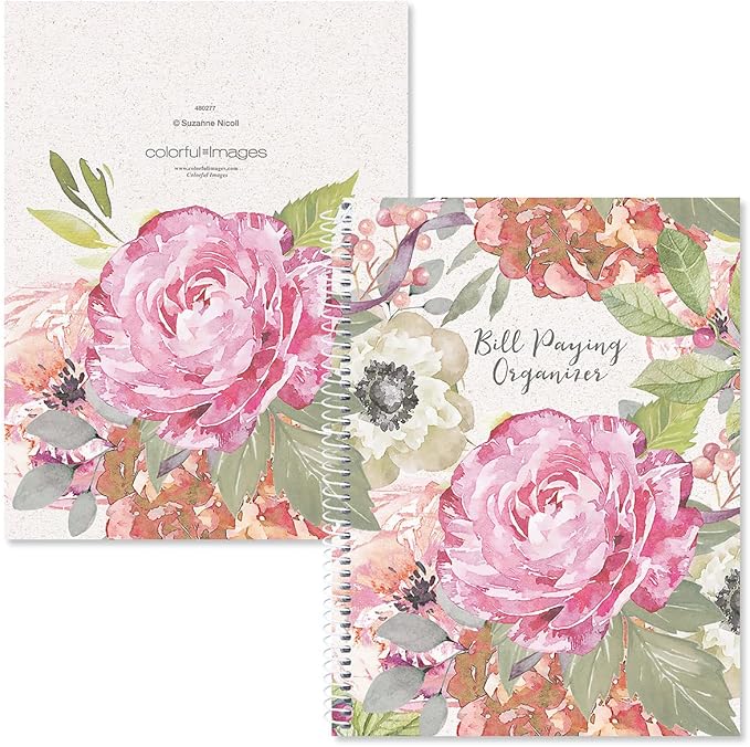 Pale Peony Bill Paying Organizer Book - Large 9" by 12 inch, Spiral-Bound, 14 Pocket Pages, 32 Label Stickers, Bill Tracking Receipt Storage