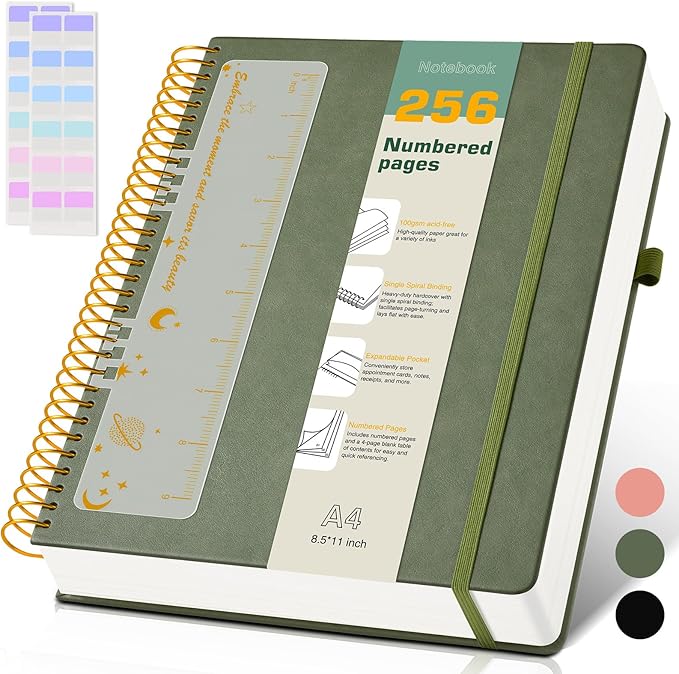 A4 Spiral Notebook Journal 8.5” x 11”, 256 Numbered Pages Hardcover Leather Journals for Women Men, Large Lined College Ruled Notebooks, 100GSM Thick Paper, Spiral Bound Journal for Work School, Green