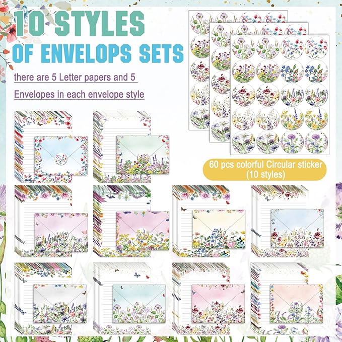 TaoBary 160 Packs Stationery Paper Set (50 Double Sided Stationery Writing Papers 50 Matching Envelopes) 60 Round Dot Sticker, 10 Design(Wildflower,5.5 x 8.25 Inch)
