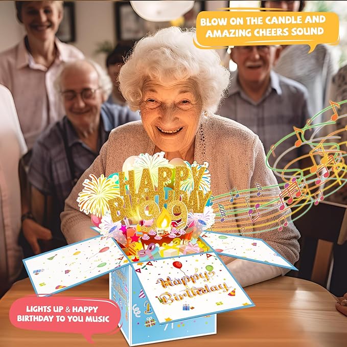 Tnvee 99TH Birthday Cards with Lights & Music & Candle, 3D Large Pop Up Happy Birthday Cards for Women Man Greeting Cards Decorations for 99 Years Old Mom Dad Grandparents