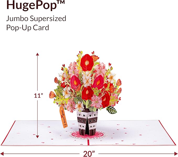 Paper Love HugePop 3D Lovely Flower Vase Pop Up Card, with Detachable Paper Flower Bouquet, For Birthday, All Occasions - Jumbo 10" x 14" Cards - Envelope and Note Tag