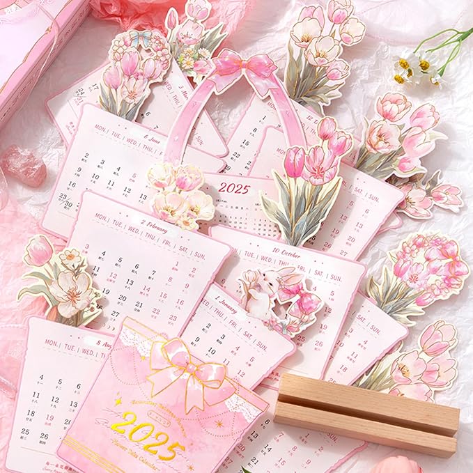 2025 Creative Desk Calendar Unique Flower Basket Shape Office Home Decor Calendar 8.5" x 6" - Tulip