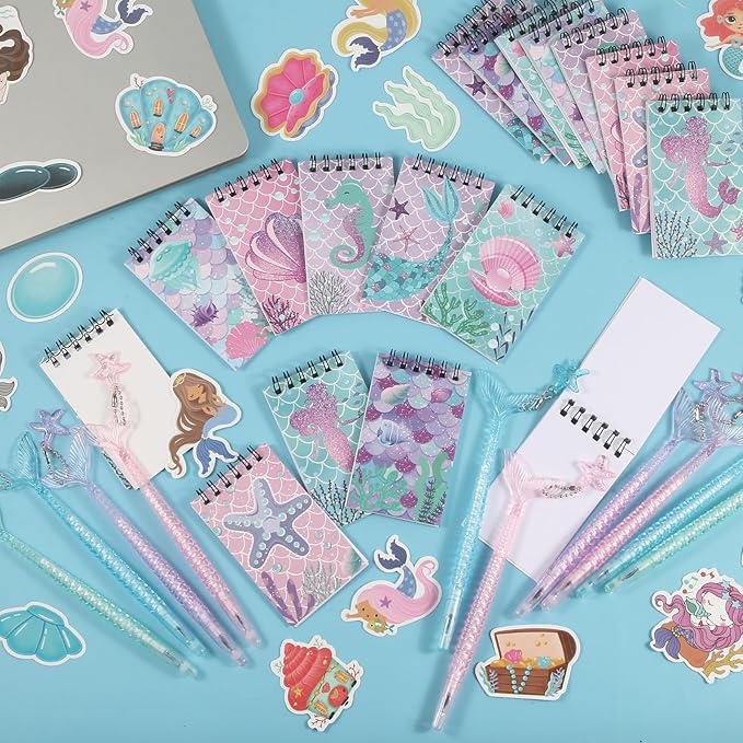 LiYiQ 148 Pcs Mermaid Mini Spiral Notepads Mermaid Pens Stickers Set for PET Birthday Classroom School Reward Gift Prizes Goodie Bags Stuffers