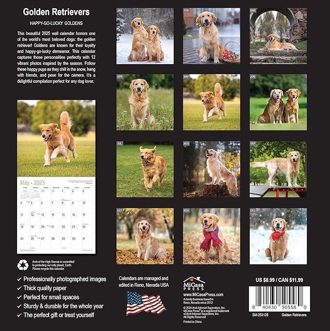 MICASA Golden Retrievers Mini 2025 Wall Calendar 12 Month | 7" x 14" Open | Thick & Sturdy Paper | Giftable | Calendar 2025
