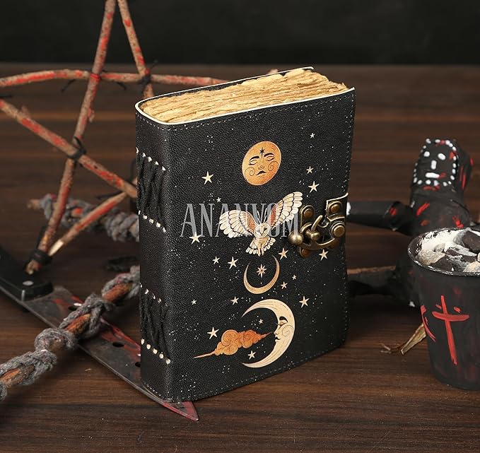 Handmade Leather Journal, Black, Sun & Moon Design, 7 x 5 Inch, 200 Unruled Pages, Hand Embossed, Deckle Edge Paper, Brass Clasp Lock, Vintage Notebook Diary, Sketchbook for Artists & Writers