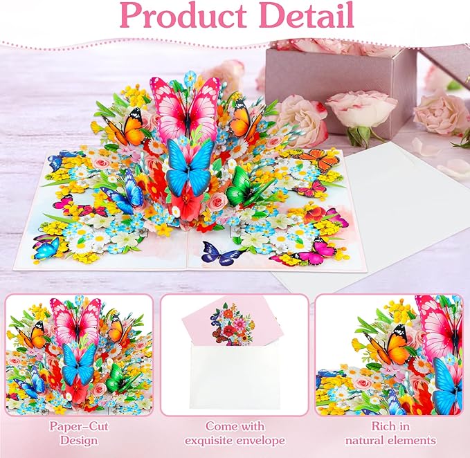 D4DREAM 3D Floral Butterfly Card for Women - Mothers Day Butterfly Pop Up Card Mothers Day Greeting Cards with Envelope Flowers Pop Up 3D Birthday Gift for Her Wife Mom Grandma