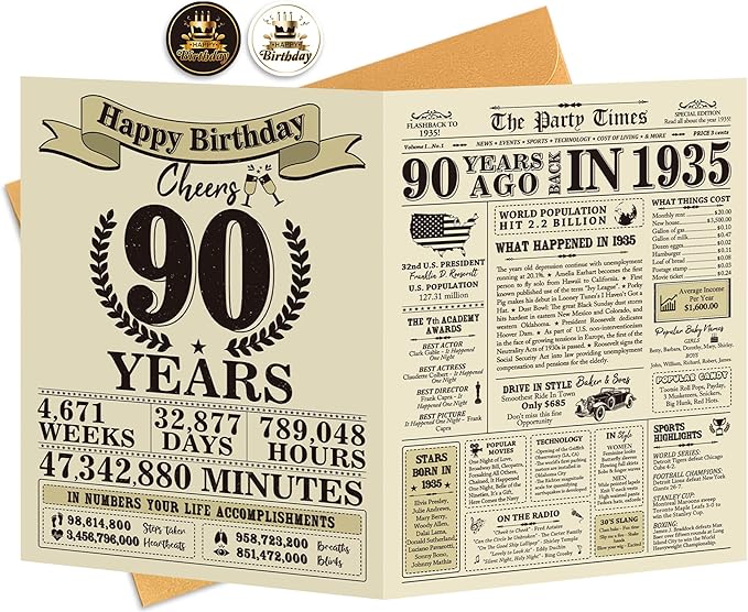 Ogeby Funny 90th Birthday Gifts Ideas for Women Men, Jumbo 90th Birthday Card for Grandma Dad Mom, Gifts for 90 Year Old Woman Man, Vintage Back in 1935 Birthday Card, 90th Birthday Decorations