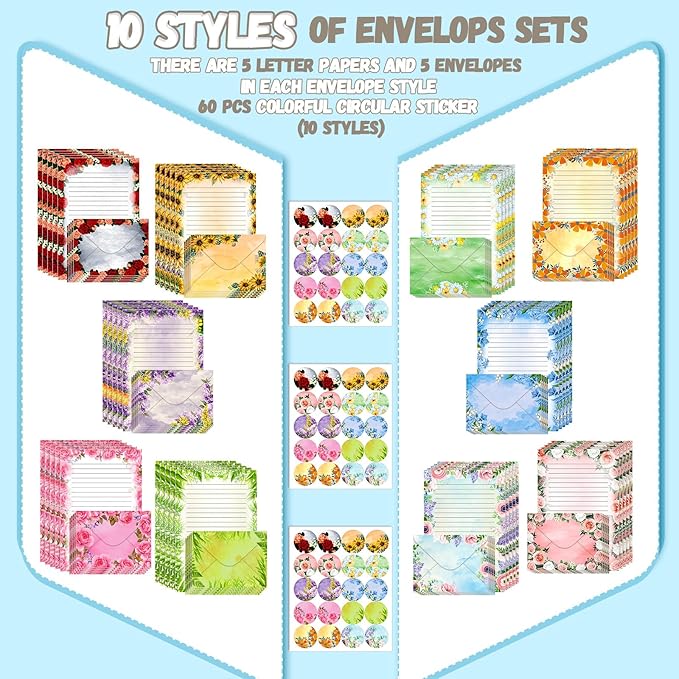 TaoBary 160 Packs Stationery Paper Set (50 Double Sided Stationery Writing Papers 50 Matching Envelopes) 60 Round Dot Sticker, 10 Design(Flower,8.5 x 11 Inch)