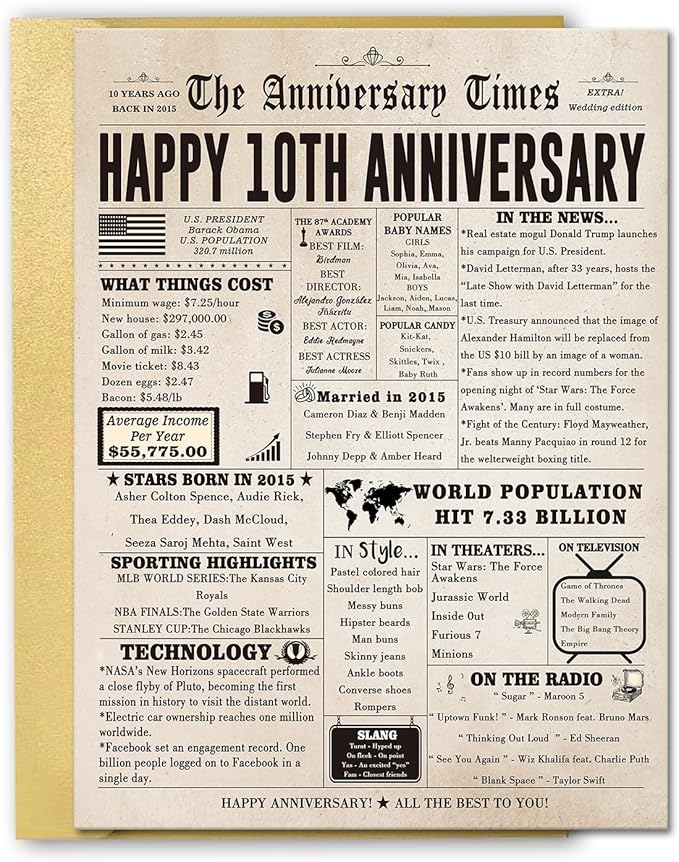 Jumbo 10th Anniversary Card for Him Her, Big 10 Year Anniversary Card Gift for Wife Husband, Romantic Tin Anniversary Card for Couple, Romantic Decennial Gifts