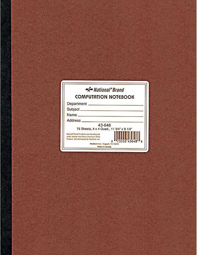 National Brand Computation Notebook, 4 X 4 Quad, Brown, Green Paper, 11.75 x 9.25 Inches, 75 Sheets (43648)