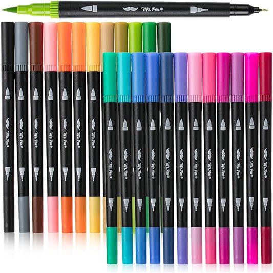 Mr. Pen- Dual Tip Brush Pens, 24 pcs, Assorted Color, Fine & Brush Tip Markers, Markers for Adult Coloring, Coloring Markers for Adults, Adult Coloring Markers, Brush Markers, Dual Tip Markers