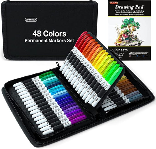 Shuttle Art Permanent Markers, 48 Colors Fine Point, Assorted Colors with Travel Case, Ideal for Adults Coloring Doodling on Plastic, Glass, Wood and Stone, Gift for Kids