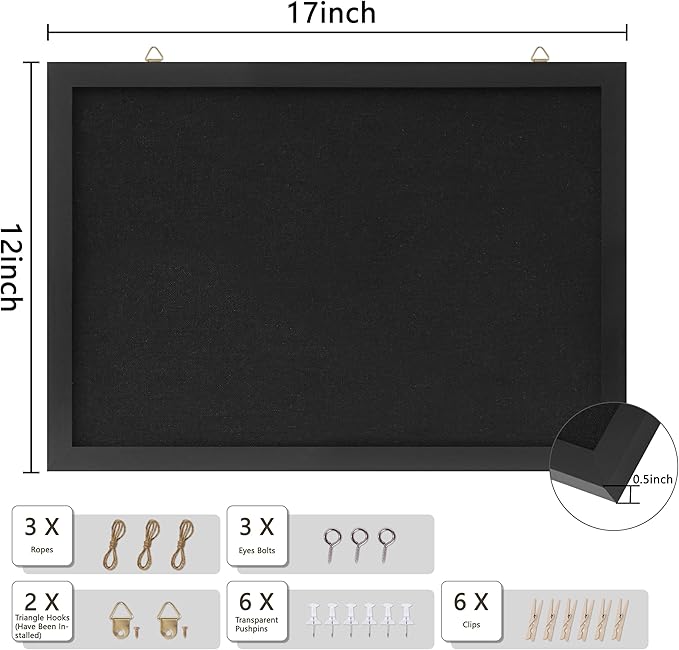 Cork Board with Linen Black,Bulletin Board 17"x12" .Corkboards for Office Home School Message Board or Vision Board Decoration.
