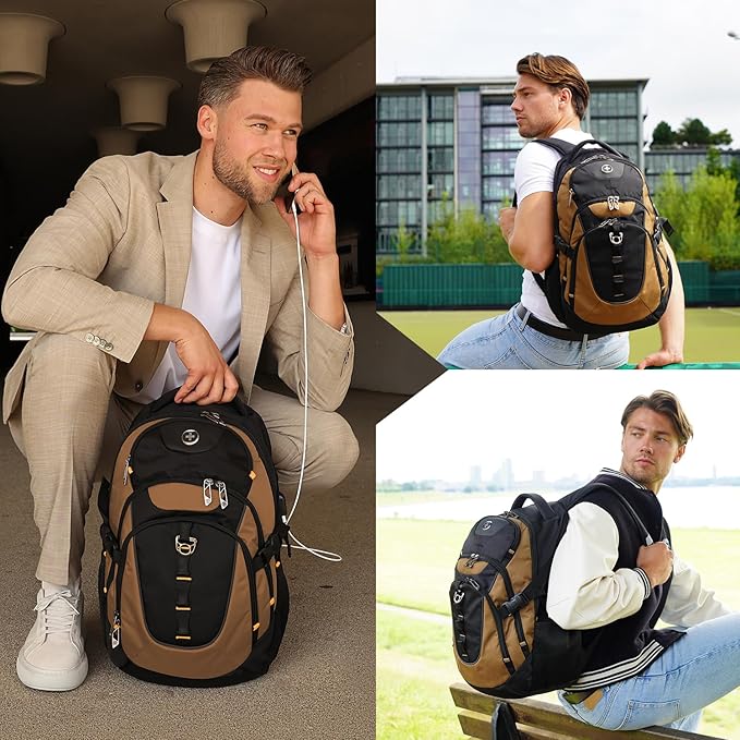 Swissdigital Design Large Business Laptop Backpack with Smart USB Charging Port, Travel Backpack Fits 15.6 inches laptops, Water Repellent College Backpack for Men Women (VECTOR SD803-34 Tan/Black)