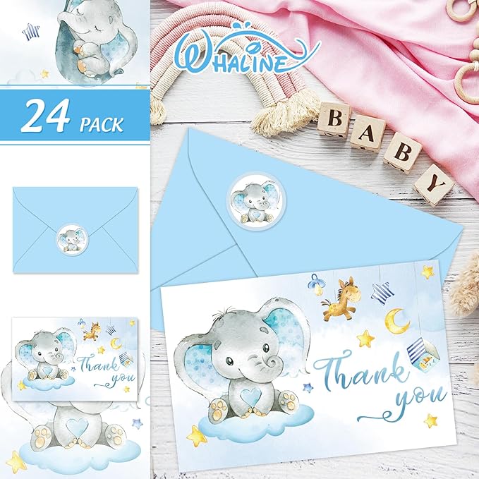 Whaline 24 Packs Elephant Thank You Cards Blue Baby Elephant Greeting Cards Cute Cartoon Blank Note Cards with Envelopes and Stickers for Baby Shower Birthday Holiday Party Supplies, 4 x 6 Inch