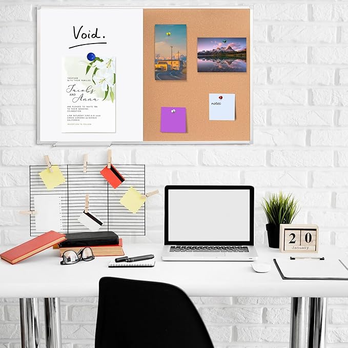 Cork Bulletin Board, 36 X 24 Inches White Magnetic Dry Erase Board, Large Wall Mounted Message Vision Notice Memo Pin Board for Office, Home and School