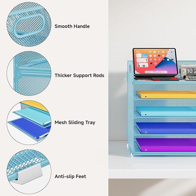 5 Tier Paper Organizer with Handle, Metal Mesh Desk Organizer File Folder Organizer Paper Letter Tray Desktop Document Sorter for Classroom, School, Office Organization and Storage - Blue