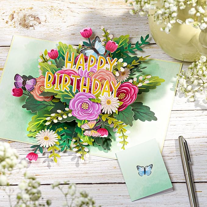 Happy Birthday Pop Up Card, Flowers and Butterflies, Floral 3D Greeting Card, Gift for Mom, Sister, Women, Grandma, Stepmother, Aunt, Daughter, 5x7 - Includes Envelope And Message Note