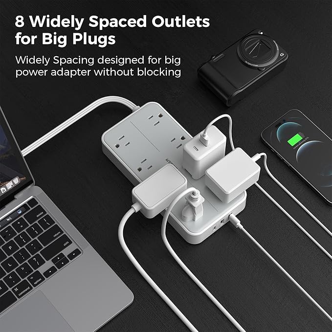Power Strip Surge Protector 10 FT, TESSAN Flat Plug Extension Cord with 8 Outlets 3 USB Ports(1 USB C), 1080Joules Wall Mountable Multi Port Charging Station for Home Office Dorm Room Essentials