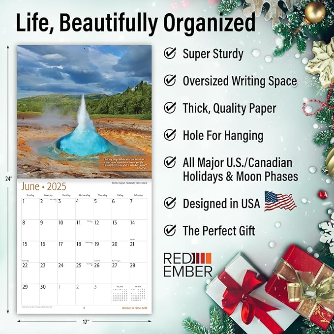 RED EMBER Wonders of Planet Earth with Quotes 2025 Wall Calendar 12 Month | 12" x 24" Open | Thick & Sturdy Paper | Giftable | Calendar 2025